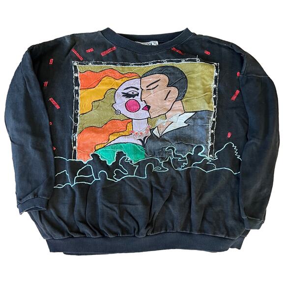 Vintage Couple Kissing Appliqué Embroidered Beaded Sweatshirt by Jou Jou - Picture 1 of 10